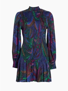 FARM Rio Amazonia Nights Multicolor Smocked Long Sleeve Mini Dress size Small